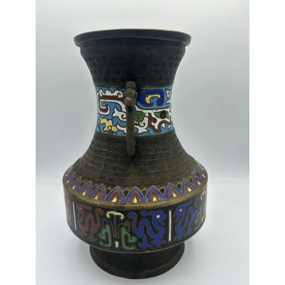 Antique Japanese Enamel‎ Cloisonne Champleve Bronze Vase 10